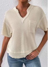 Beige tops,Plain Color tops,Pocket Beige Split Neck Short Sleeve T Shirt