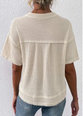 Beige tops,Plain Color tops,Pocket Beige Split Neck Short Sleeve T Shirt