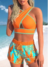 Orange swimwear,Plants swimwear,Geometric swimwear,Striped swimwear,ROTITA Criss Cross Orange Tropical Plants Print Bikini Set