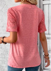 Peach Red tops,Plain Color tops,ROTITA Patchwork Peach Red Split Neck T Shirt