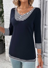 Navy tops,White tops,Striped tops,Geometric tops,ROTITA Fake 2in1 Striped Navy V Neck T Shirt