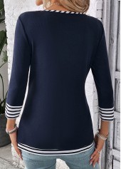 Navy tops,White tops,Striped tops,Geometric tops,ROTITA Fake 2in1 Striped Navy V Neck T Shirt