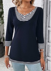 Navy tops,White tops,Striped tops,Geometric tops,ROTITA Fake 2in1 Striped Navy V Neck T Shirt