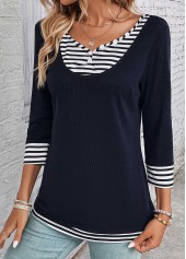 Navy tops,White tops,Striped tops,Geometric tops,ROTITA Fake 2in1 Striped Navy V Neck T Shirt