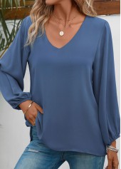 Dusty Blue tops,Plain Color tops,ROTITA Dusty Blue V Neck Long Sleeve Blouse