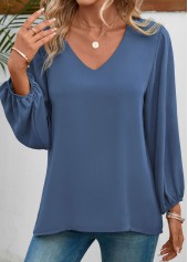 Dusty Blue tops,Plain Color tops,ROTITA Dusty Blue V Neck Long Sleeve Blouse