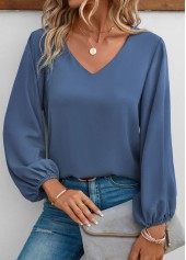 Dusty Blue tops,Plain Color tops,ROTITA Dusty Blue V Neck Long Sleeve Blouse