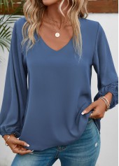 Dusty Blue tops,Plain Color tops,ROTITA Dusty Blue V Neck Long Sleeve Blouse