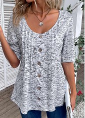 Light Grey Marl tops,Plain Color tops,ROTITA Button Light Grey Marl Scoop Neck T Shirt