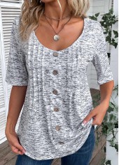 Light Grey Marl tops,Plain Color tops,ROTITA Button Light Grey Marl Scoop Neck T Shirt