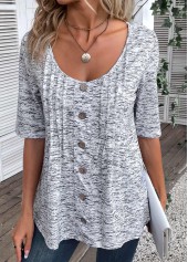 Light Grey Marl tops,Plain Color tops,ROTITA Button Light Grey Marl Scoop Neck T Shirt