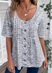 Light Grey Marl tops,Plain Color tops,ROTITA Button Light Grey Marl Scoop Neck T Shirt