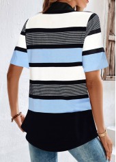 Blue tops,Black tops,Striped tops,Geometric tops,Dot tops,ROTITA Button Striped Blue Shirt Collar Short Sleeve Blouse