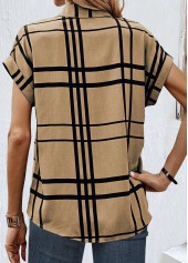 Dark Coffee tops,Plaid tops,Striped tops,Geometric tops,ROTITA Button Plaid Dark Coffee Shirt Collar Blouse