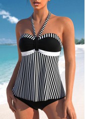 Black swimwear,Striped swimwear,Geometric swimwear,ROTITA Patchwork Ruched Black Striped Tankini Top