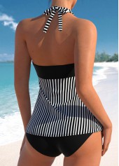 Black swimwear,Striped swimwear,Geometric swimwear,ROTITA Patchwork Ruched Black Striped Tankini Top