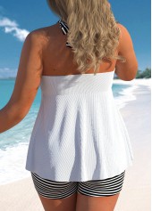 White swimwear,Black swimwear,Striped swimwear,ROTITA Drawstring White Striped High Waisted Tankini Set
