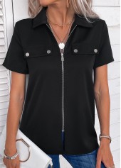 Black tops,Plain Color tops,Zipper Black Turn Down Collar Short Sleeve Blouse