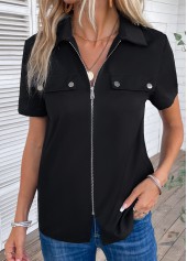 Black tops,Plain Color tops,Zipper Black Turn Down Collar Short Sleeve Blouse