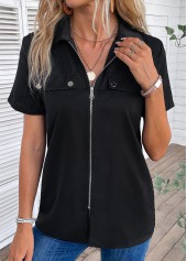 Black tops,Plain Color tops,Zipper Black Turn Down Collar Short Sleeve Blouse