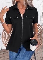 Black tops,Plain Color tops,Zipper Black Turn Down Collar Short Sleeve Blouse