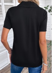 Black tops,Plain Color tops,Zipper Black Turn Down Collar Short Sleeve Blouse