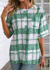 White tops,Green tops,Plaid tops,ROTITA Button Plaid White Round Neck Half Sleeve Blouse