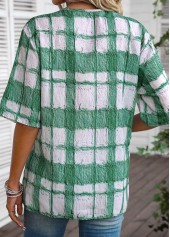 White tops,Green tops,Plaid tops,ROTITA Button Plaid White Round Neck Half Sleeve Blouse
