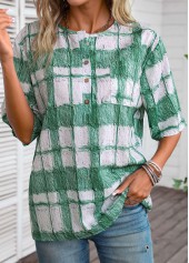 White tops,Green tops,Plaid tops,ROTITA Button Plaid White Round Neck Half Sleeve Blouse