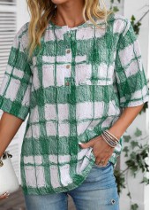 White tops,Green tops,Plaid tops,ROTITA Button Plaid White Round Neck Half Sleeve Blouse