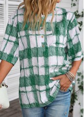 White tops,Green tops,Plaid tops,ROTITA Button Plaid White Round Neck Half Sleeve Blouse