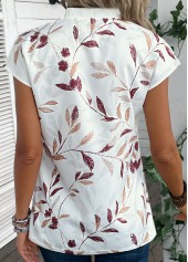 White tops,Plants tops,Striped tops,Split Leaf Print White Short Sleeve Blouse