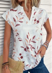 White tops,Plants tops,Striped tops,Split Leaf Print White Short Sleeve Blouse