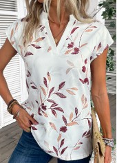 White tops,Plants tops,Striped tops,Split Leaf Print White Short Sleeve Blouse