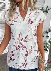 White tops,Plants tops,Striped tops,Split Leaf Print White Short Sleeve Blouse