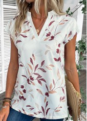 White tops,Plants tops,Striped tops,Split Leaf Print White Short Sleeve Blouse