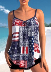 Rotita Patchwork-Tankini-Oberteil mit mehrfarbigem Aufdruck der amerikanischen Flagge-Kein Boden