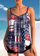 Rotita Patchwork-Tankini-Oberteil mit mehrfarbigem Aufdruck der amerikanischen Flagge-Kein Boden