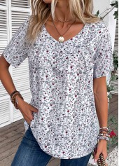 Bleaching White tops,Ditsy Floral tops,Plants tops,ROTITA Ruched Ditsy Floral Print Bleaching White T Shirt