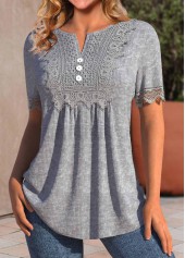 Grey tops,Plain Color tops,ROTITA Ruched Grey Split Neck Short Sleeve T Shirt