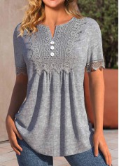 Grey tops,Plain Color tops,ROTITA Ruched Grey Split Neck Short Sleeve T Shirt