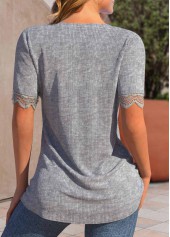 Grey tops,Plain Color tops,ROTITA Ruched Grey Split Neck Short Sleeve T Shirt