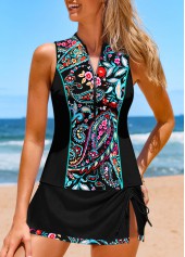 Black swimwear,Paisley swimwear,ROTITA Zipper Black Paisley Print Mid Waisted Tankini Set