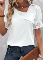 White tops,Plain Color tops,ROTITA Patchwork White Asymmetrical Neck Short Sleeve Blouse
