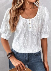 White tops,Plain Color tops,ROTITA Jacquard White Round Neck Short Sleeve Blouse