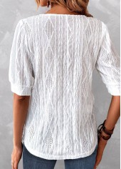 White tops,Plain Color tops,ROTITA Jacquard White Round Neck Short Sleeve Blouse