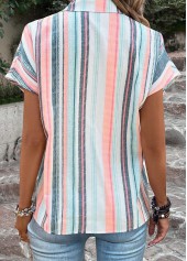 Multi Color tops,Rainbow Color tops,Striped tops,Geometric tops,ROTITA Button Striped Multi Color Shirt Collar Blouse