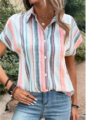 Multi Color tops,Rainbow Color tops,Striped tops,Geometric tops,ROTITA Button Striped Multi Color Shirt Collar Blouse