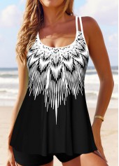 Black swimwear,White swimwear,Tribal swimwear,Geometric swimwear,Striped swimwear,ROTITA Patchwork Black Tribal Print Tankini Top