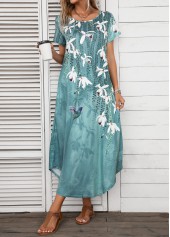 Turquoise dresses,Floral dresses,Plants dresses,Everyday dresses,Casual dresses,ROTITA Pocket Floral Print Turquoise Shift Dress